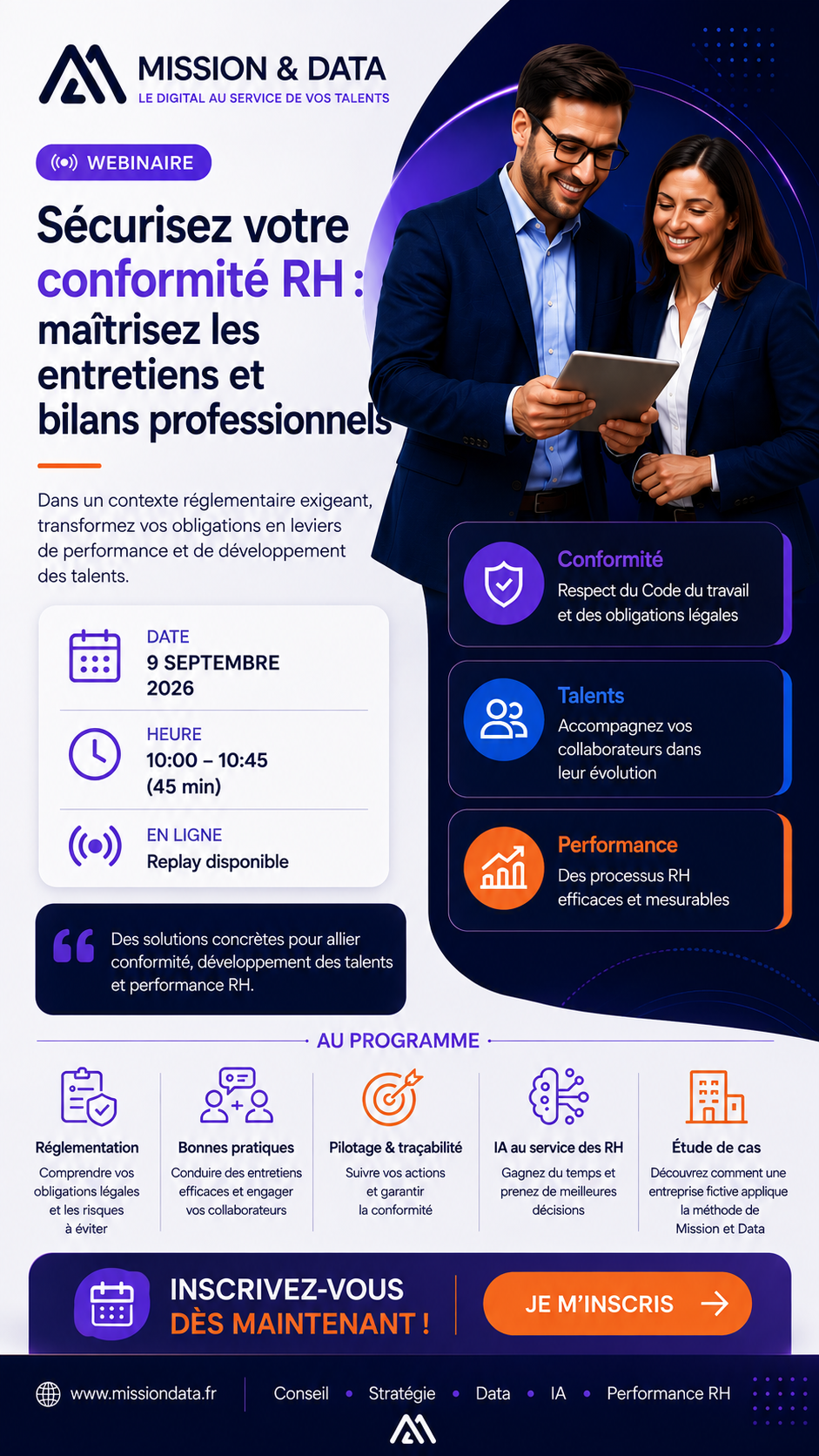 Affiche du webinaire Mission & Data : sécurisez votre conformité RH, maîtrisez les entretiens et bilans professionnels — 9 septembre 2026, 10h00-10h45, en ligne